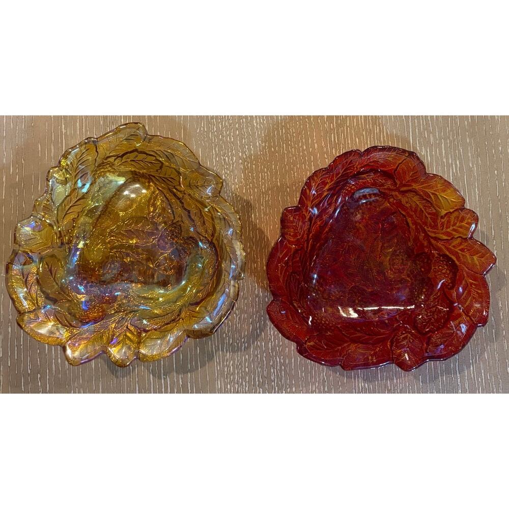 Lot 2 Vintage Indiana Glass Grapes/Leaves Candy Dishes/Bowls-7" Iridiscent Rasp